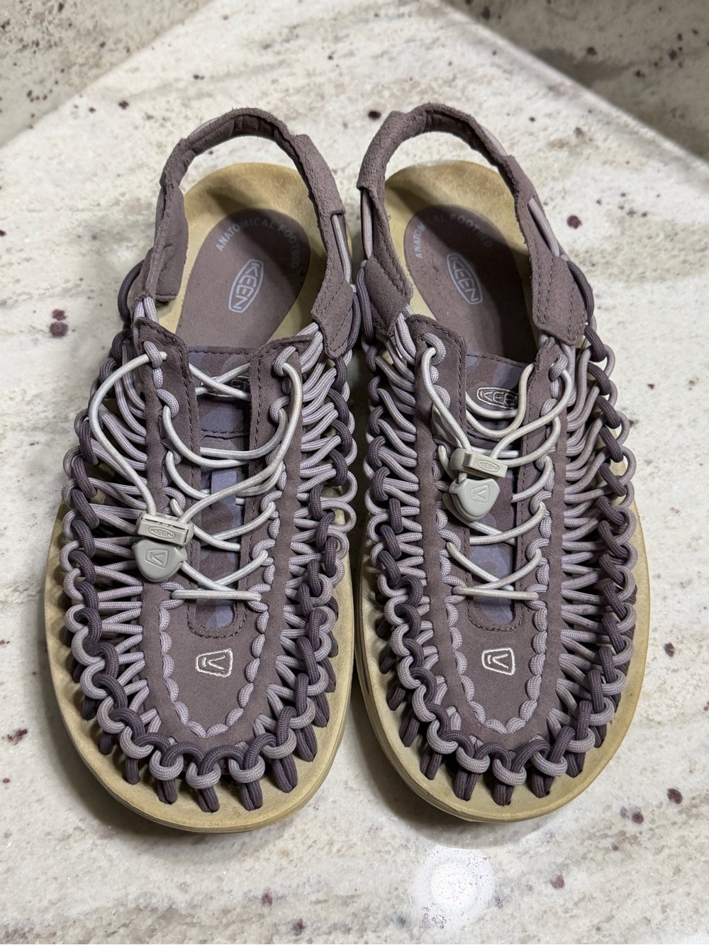 KEEN Uneek woven-cord sport sandals in gray/taupe, women’s size 10.